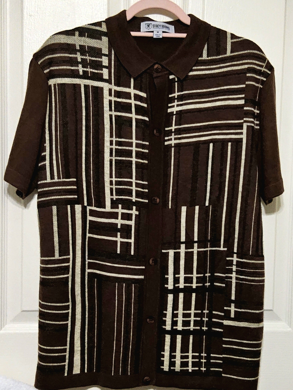 Stacy Adams Men's Knit Button-Down Polo Shirt Brown Plaid Mix Retro Geometric M
